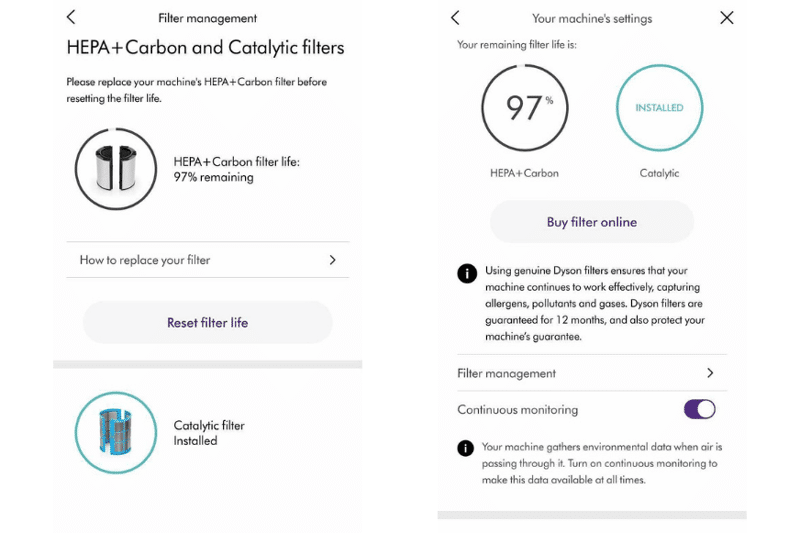 Во вкладке “управлении фильтрами” в приложения Dyson Link можно узнать оставшийся срок службы и обозначение фильтрующих элементов, установленных в воздухоочистителе Dyson.